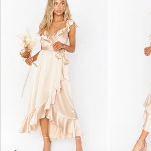 Show Me Your MuMu Samantha Ruffle Wrap bridesmaid dress in Champagne Luxe Satin